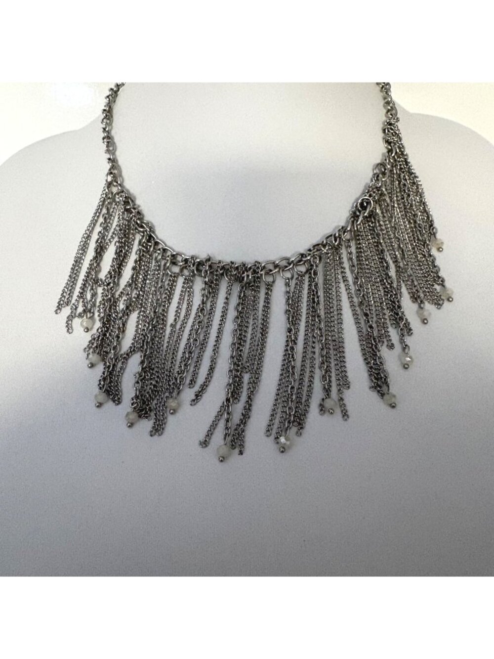 Silver Tone Fringe Chain Bib Necklace Small White Bead Accents Statement Jewelry